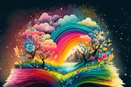Colourful illustration of a book with rainbow-coloured pages that is open in the middle. There is a nature scene coming out of the book, which includes a rainbow, mountain, lake, trees, flowers and grass.