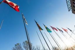 National flags fly side-by-side on tall flag poles.