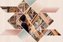 A person with curly hair, glasses and wearing a black top examines a large artwork consisting of objects set in cedar frames. The image has been broken into interlocking geometric shapes over a pale brown background with a slight wood grain texture.
