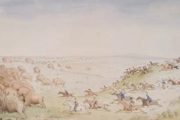 Riders on horseback with arrows and lances drawn ride across a rolling prairie landscape towards a herd of buffalo.