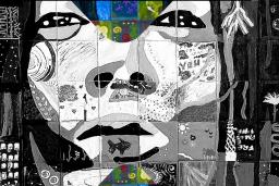 A painting, mostly in black and white with a few splashes of colour, is in the style of a mosaic so that different tiles contain various natural elements—a fish, flowers, mountains, fields. Together the tiles become a human face directly looking at the viewer with an intense expression.