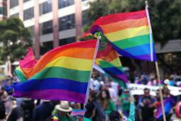 Two large Pride flags waving proudly in a large crowd.