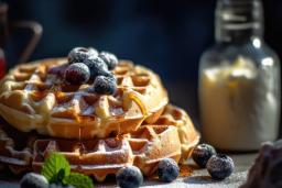 A stack of waffles topped with blueberries, maple syrup and powdered sugar.