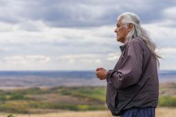 A person with long grey hair stands outdoors, with a rolling grassy landscape and cloudy sky in the distance.