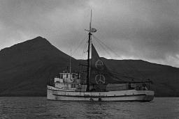 A boat in the water with mountains and clouds in the background. Its sail is decorated with large peace signs.