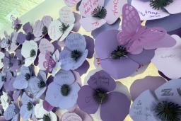Purple poppies made of paper with names and messages from community members and family of those who have died as a result of a poisoned drug supply.