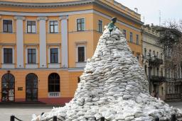 A monument of the city founder Duke de Richelieu is seen covered with sandbags for protection, amid Russia's invasion of Ukraine, in central Odessa on March 9.