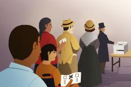 An illustration of people in line waiting to vote. The man in front places his ballot in the box on the table.