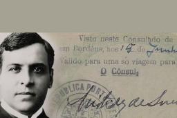 A black and white image of a man, Aristides de Sousa Mendes, superimposed over an old passport.