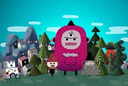 Cartoon drawing of a three-eyed pink monster and two human figures in front of a landscape of trees, buildings and mountains.