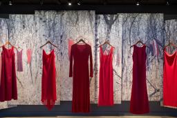  Six red dresses are suspended in air on hangers in front of a backdrop. The backdrop features an image of a birch wood forest with more red dresses hanging in it. 