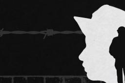 The silhouette of a soldier is shown inside the outline of a child’s profile, with barbed wire and a wall in the background.