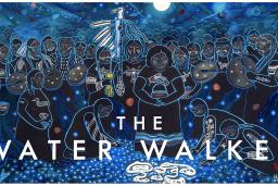 Artwork by Métis artist Christi Belcourt depicting figures gathered underwater surrounded by fish, otters and turtles. They are drumming, singing and praying for the water.