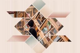 A person with curly hair, glasses and wearing a black top examines a large artwork consisting of objects set in cedar frames. The image has been broken into interlocking geometric shapes over a pale brown background with a slight wood grain texture.
