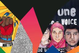  A colourful collage of artwork, including an image of a bloody, brown, clenched fist with text saying, “I matter,” images of diverse faces and a pattern of squiggly lines in which the words “Yes,” “No” and “Bipolar” appear.