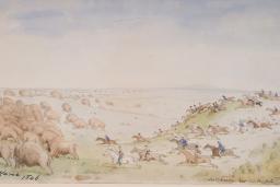 Riders on horseback with arrows and lances drawn ride across a rolling prairie landscape towards a herd of buffalo.
