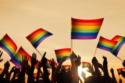 Several hands reaching toward a sunlit sky, with many waving rainbow flags.