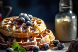 A stack of waffles topped with blueberries, maple syrup and powdered sugar.