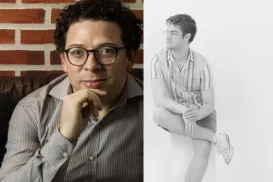 A collage of two photos side-by-side: A man with short, curly, black hair and glasses is sitting on a couch with his right hand on his chin. Next image is A man sitting on a white wood block with his right leg crossed over his left leg.