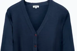 A plain blue cardigan sweater.