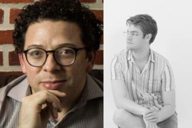 A collage of two photos side-by-side: A man with short, curly, black hair and glasses is sitting on a couch with his right hand on his chin. Next image is A man sitting on a white wood block with his right leg crossed over his left leg.
