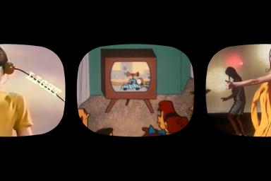 Three images inside rounded rectangles appear in a horizontal row. The rectangles are meant to evoke the shape of older television screens. The images inside the rectangles are from 1950s and 1960s television shows and intended to convey a sense of the period.