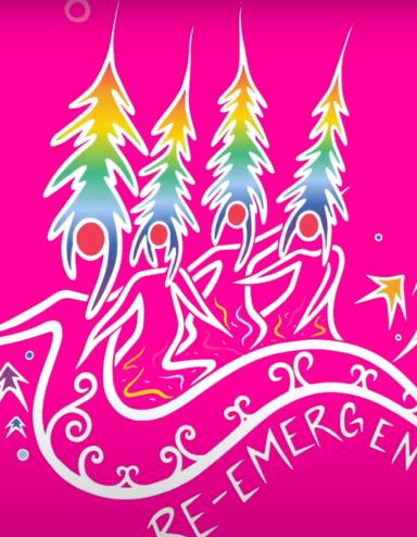 An artistic drawing of four narrow, multicoloured evergreens that flow into fluid line drawings of humans. Partially obscured.