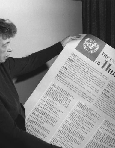 A person holds a large piece of paper covered with text and a large title reading "The Universal Declaration of Human Rights." Partially obscured.