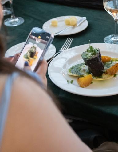 A woman with light skin and long, dark brown hair is using her cell phone to take a photo of a plate of gourmet food on a table. Partially obscured.