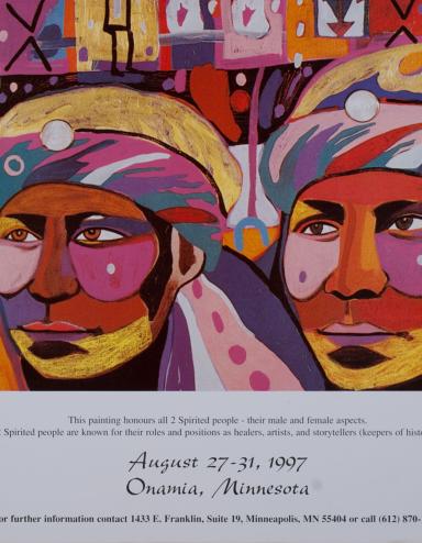 A poster featuring large artwork depicting two faces in dramatic colours and patterns, with background imagery including hands, standing figures and geometric shapes. A large title at the top reads “The 10th Annual International Two Spirit Gathering” and text at the bottom reads “August 27-31, 1997. Onamia, Minnesota.” Partially obscured.