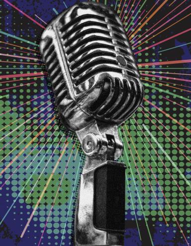 An antique chrome-plated microphone in the centre of the image is encircled by multicoloured rays over a mottled blue and green background. Partially obscured.