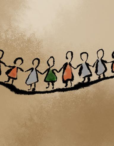 An illustration of several women standing in a line holding hands. Partially obscured.