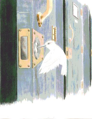 An simple illustration of a white hummingbird picking the lock of a door and opening it. The door is in a row of doors. Partially obscured.