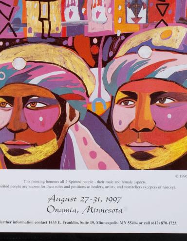 A poster featuring large artwork depicting two faces in dramatic colours and patterns, with background imagery including hands, standing figures and geometric shapes. A large title at the top reads “The 10th Annual International Two Spirit Gathering” and text at the bottom reads “August 27-31, 1997. Onamia, Minnesota.” Partially obscured.