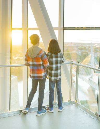 Two young children stand in a tower with their backs toward the camera as they stare out at a horizon overlooking a cityscape. Partially obscured.