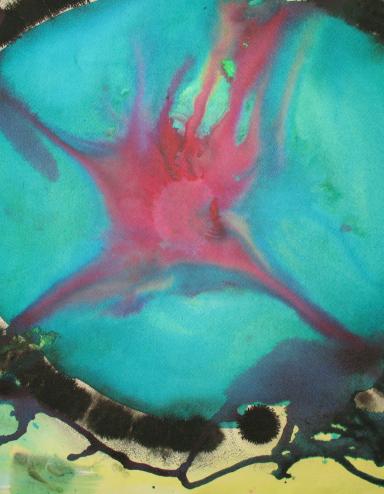 Artwork featuring a large turquoise oval shape outlined in black with a red, branching form spreading across the centre. The background blends yellow and green tones with scattered organic shapes and splashes of black around the edge. Partially obscured.