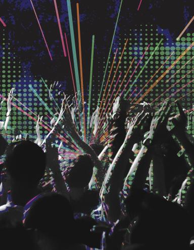 A digital illustration showing a crowd clapping and raising their hands. The background shows a pixelated green soundwave shape and blue and black graffiti-like designs with neon-coloured diagonal lines radiating out from the center. Partially obscured.