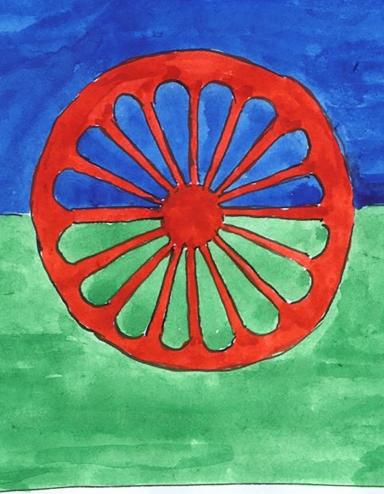 A painting of the Romani flag, which is blue on top, green on the bottom and has a red chakra that looks like a wagon wheel in the centre. Partially obscured.