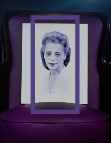 A head-and-shoulder portrait of Viola Desmond framed by a vertical purple rectangle. Viola is wearing a white top.