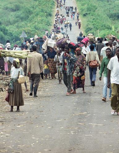 A large crowd of people of all ages carrying food and belongings walk toward the camera on a long dirt road through a bright green landscape of grass and bushes. The road and the crowd extend far into the distance.