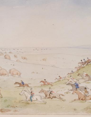 Riders on horseback with arrows and lances drawn ride across a rolling prairie landscape towards a herd of buffalo.