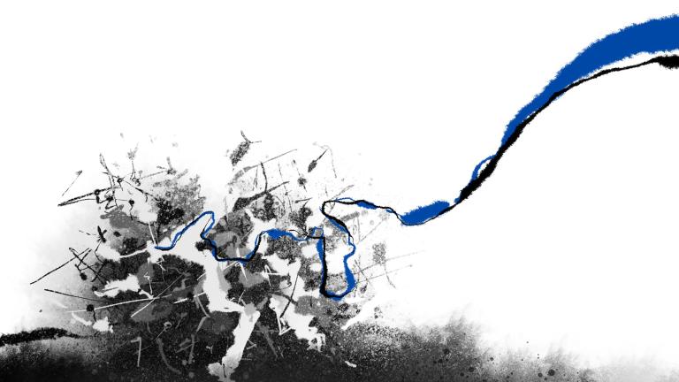 A black and white illustration of what appears to be an explosion, with a blue line shooting outwards from the blast.