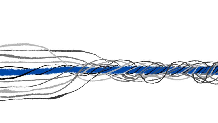 An illustration of a thick, straight blue line with thinner grey and black lines twisting around it.