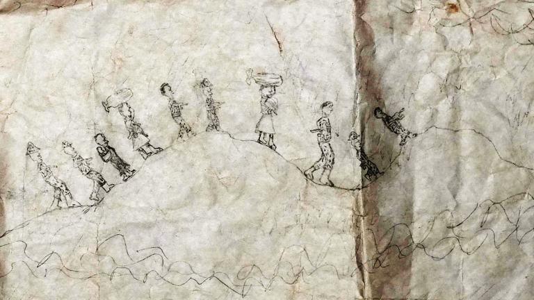 A drawing on weathered parchment of people walking on a hill carrying loads on their heads.