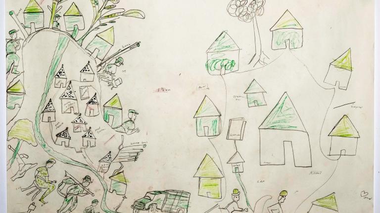 A green, yellow, and black drawing of a camp that includes foliage, huts, pathways, soldiers, and a truck.
