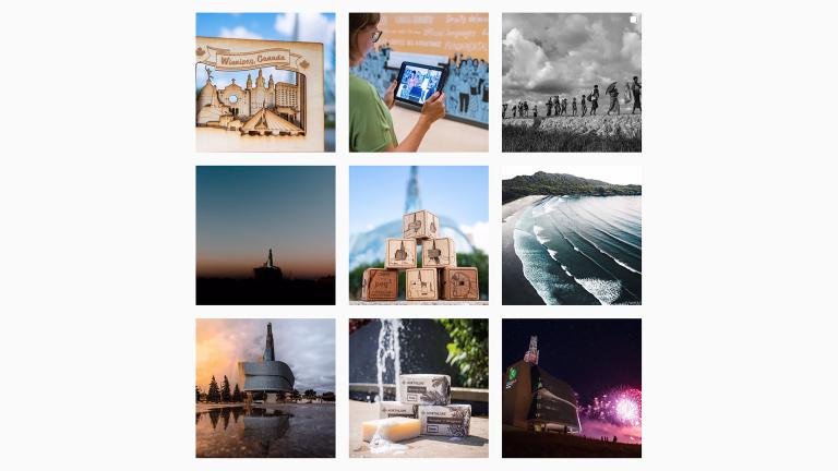 An image of the Museum’s Instagram account. A grid of nine different photos can be seen in the image. There are three pictures of the Museum’s exterior, three of the Museum’s interior, an aerial shot of two people walking along a boardwalk, a photo of an individual standing in a grassy field, and a photo of a hand holding a booklet with a picture of a woman on it.