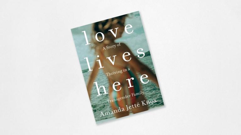 Cover of book depicting the title “Love Lives Here,” as well as a child blurred out in the foreground and a lake in the background. Partially obscured.