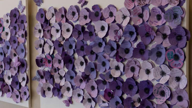 Purple poppies made of paper with names and messages from community members and family of those who have died as a result of a poisoned drug supply.
