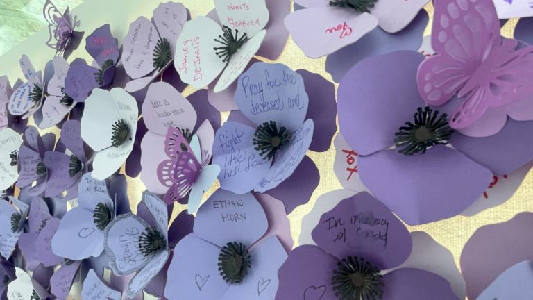 Purple poppies made of paper with names and messages from community members and family of those who have died as a result of a poisoned drug supply. Partially obscured.