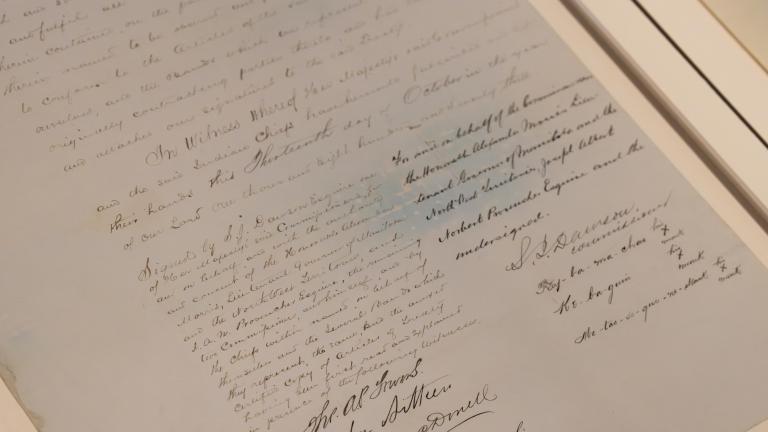 A document that forms part Treaty #3, displaying the signatures of Crown negotiators and First Nations Chiefs. Partially obscured.